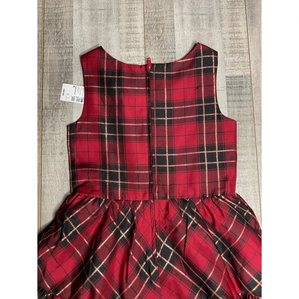Childrens Place Girls Red Plaid Gold Metallic Holiday Party Dress Size 6 NWT